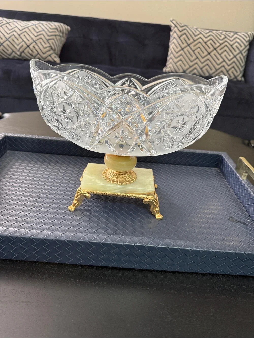 Cut Crystal Compote Bowl with Green Onyx and Gold Base